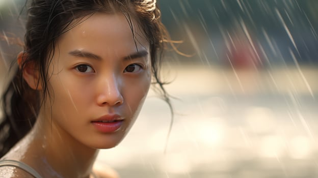 AI generated Asian girl portrait in the rain. A woman walks or plays sports in bad weather. Copy space. photo