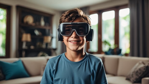 AI generated boy wearing virtual reality glasses at home photo