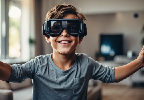 AI generated boy wearing virtual reality glasses at home photo