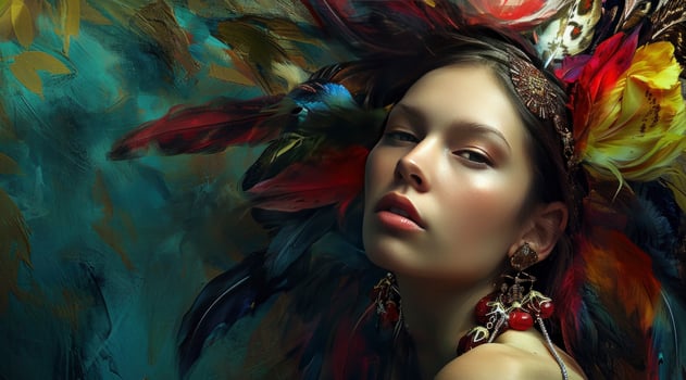 Beautiful Woman with Colorful Feathers in Head photo