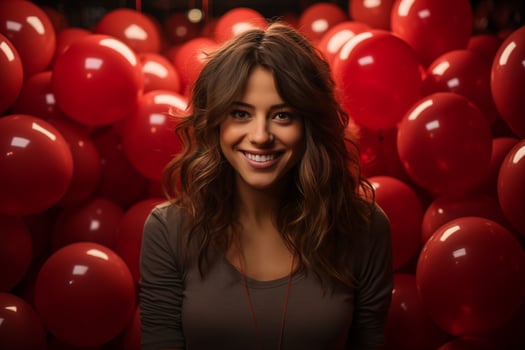 AI generated Beautiful young woman with red balloons. Woman celebration party with red balloons, studio photo