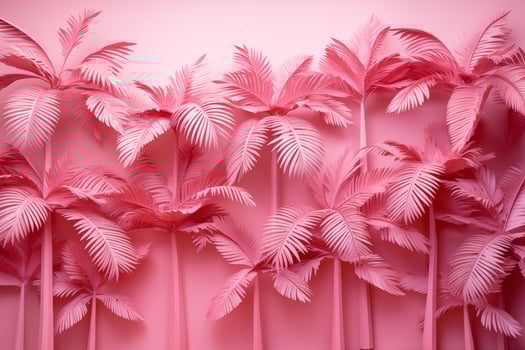 AI generated Pink tropical paper palm trees on a pink background. Generated by artificial intelligence. photo