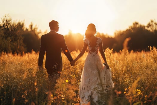 AI generated Affectionate romantic couple hugging at sunset during honeymoon in wedding dress photo