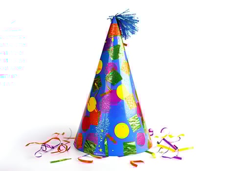 AI generated Blue in dots birthday hat isolated on a white background with pom-pom. High quality. AI Generative photo