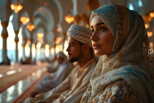 AI generated Muslim couple sitting in a mosque in traditional dress. Generative Ai photo