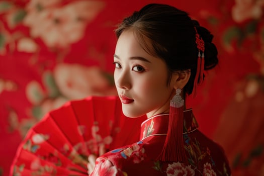 AI generated Young Chinese woman in traditional attire with red fan photo