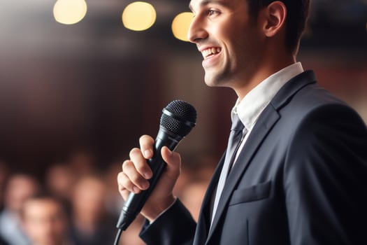 AI generated Speaker Giving a Talk at Business Conference. Audience at the conference hall. Business and Entrepreneurship. photo