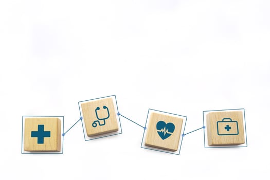 Medical icons on wooden cube block with connection link network. Health care, health insurance and treatment concept. photo
