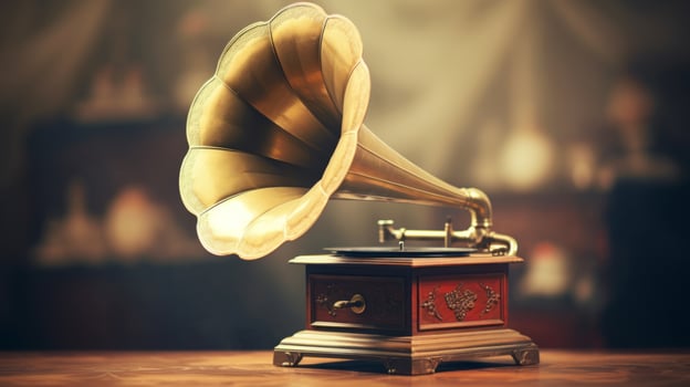 AI generated Vintage gramophone with golden horn on polished surface, illuminated by soft lighting. Can be used in articles, blogs, websites about vintage music players, antique collections, photo
