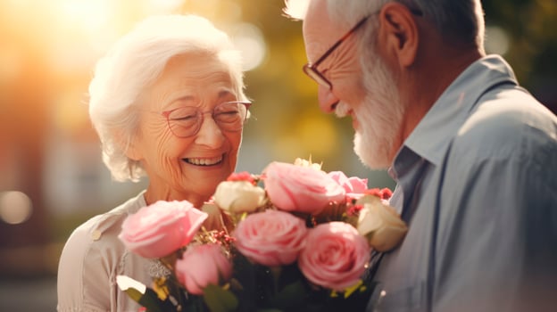 AI generated Elderly man giving bouquet of flowers to elderly woman on blurred background. Concept of love, affection and relationships. Ideal for anniversaries, special occasions, Valentines Day photo