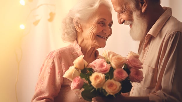 AI generated Elderly man giving bouquet of flowers to elderly smiling woman on blurred background. Concept of love, affection and relationships. Ideal for anniversaries, special occasions, Valentine photo