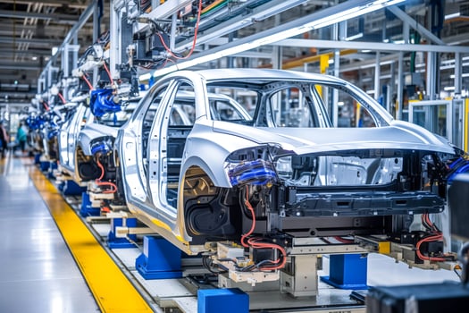 AI generated Car factory conveyor belt assemblance line production with robots and artificial intelligence photo