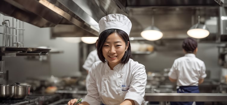 AI generated Happy asian woman cook in restaurant kitchen photo