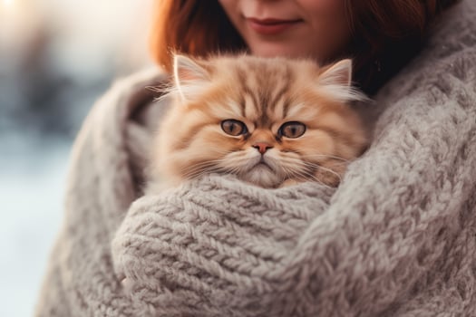 AI generated Woman holds and hugs popular Persian playful kitten cat breed photo