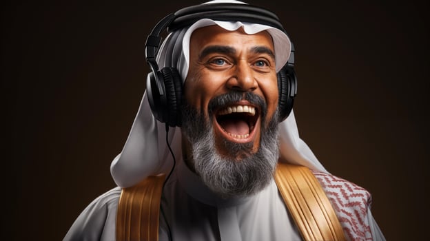 AI generated free photo of an arabic man wearing a headphone looking excited