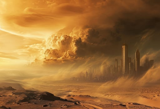 AI generated Desert sand storm bringing dust over the city engulfs it in darkness, eco catastrophe photo
