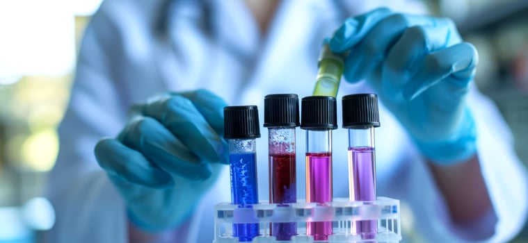 AI generated Scientist in lab medicine research holding vials with blood and virus samples for DNA sequencing photo