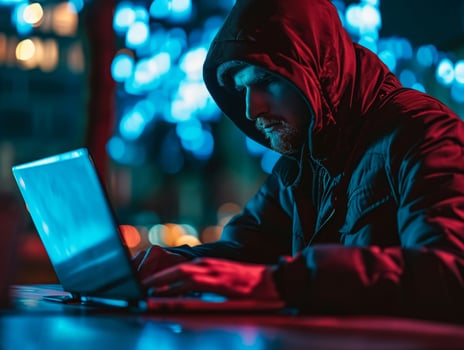 AI generated Hacker breaching security of banking corporate network engaging in DOS attacks and planting viruses photo