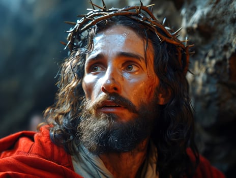 AI generated Jesus Christ on the cross on the way to his crucifixion on Via Dolorosa in Jerusalem photo