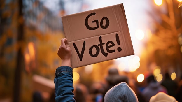 photography of a person holding up a shield which says Go Vote photo