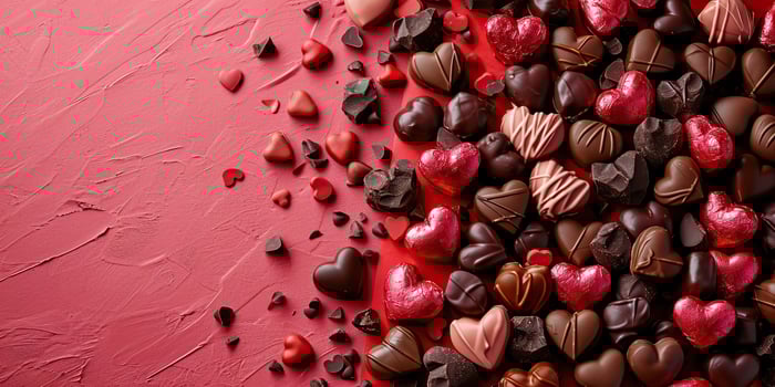 AI generated Chocolate candies in heart shape on red background. Valentines day concept. photo