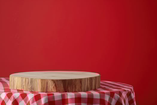 AI generated Empty wooden podium with tablecloth for product display over red background. Holiday mock up for design and presentation photo