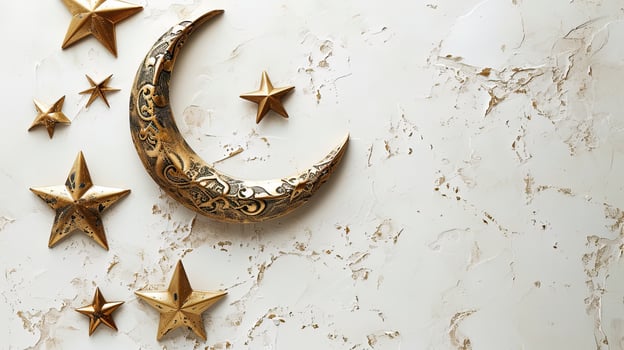 AI generated Golden crescent moon and stars on white textured background with copy space, ai generative photo