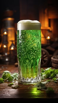 AI generated Glass with green beer inside in pub counter photo