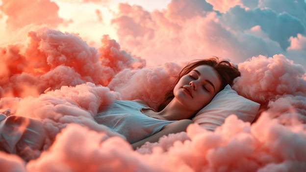 AI generated Generative AI, young woman are sleeping surrounded by fluffy cottony pink clouds in the sky photo