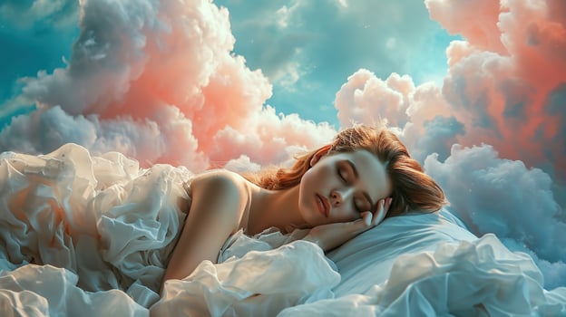 AI generated Generative AI, young woman are sleeping surrounded by fluffy cottony pink clouds in the sky photo