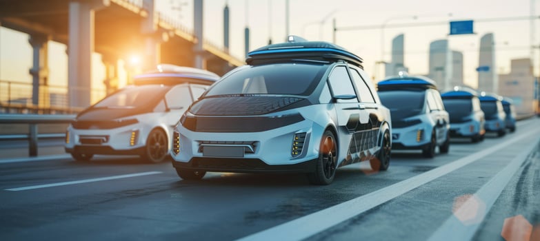 AI generated Futuristic self-driving robotaxi autonomous car riding on highway with AI technology and navigation photo