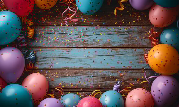 AI generated Festive Carnival Frame with Balloons and Streamers on Wooden Board photo