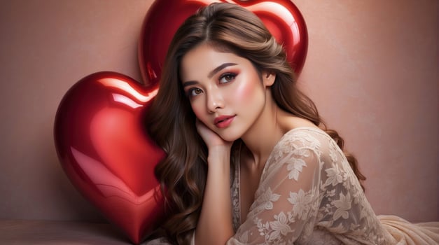 AI generated celebration for Valentine's Day with beautiful young woman holds a red heart in her hands. photo