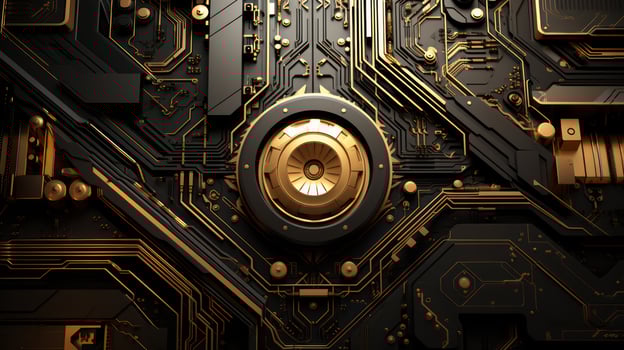 AI generated Golden black circuit board chip tech background. Generative AI photo