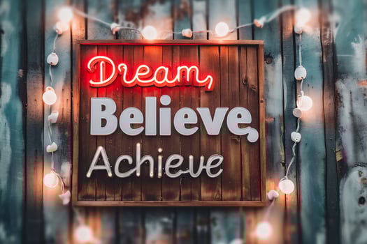 AI generated Wooden signboard with the text Dream Believe in yourself on a wooden background photo