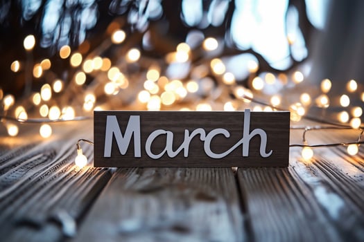 AI generated MARCH word on wooden sign board with bokeh lights on background photo