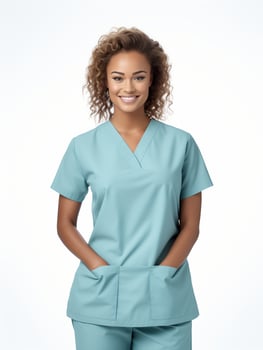 AI generated Medium shot Portrait of smiling young female doctor with hands in pockets, No background photo