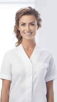 AI generated Portrait of Young female working nurse in a white Background photo