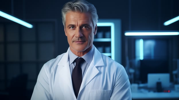 AI generated Senior Male Doctor in Deep Concentration, Hospital Room, Expert Opinion Editorial photo