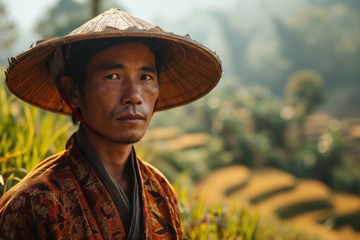 AI generated asian rural man in folk clothes against the background of a valley with agricultural terraces photo