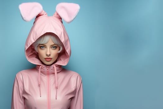 AI generated Woman wearing bunny ears on blue background. photo