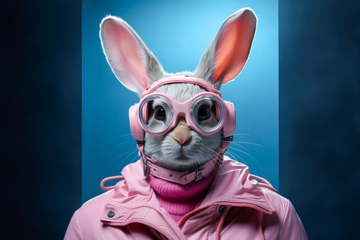 AI generated Stylish and cool hare or rabbit with pink jacket on blue background. photo