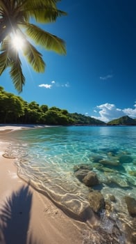 AI generated Beautiful tropical beach with palm trees, sun, and clear ocean Vertical Mobile Wallpaper photo