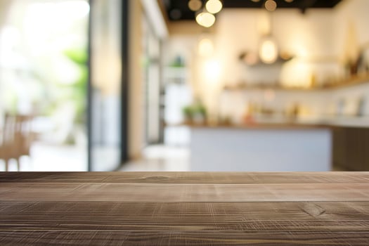 AI generated Empty wood table top and blur bokeh modern kitchen interior photo
