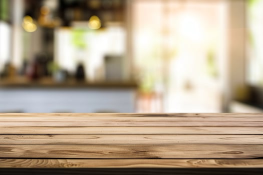 AI generated Empty wood table top and blur bokeh modern kitchen interior photo