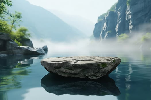 AI generated Stone pedestal display on surface of the lake, sky, mountains, forest, greenery in morning, fog, ozone, cool and shady weather. Nature zen concept ripple waves. podium of cosmetic. photo