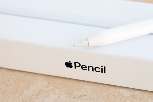 KYIV, UKRAINE - 4 MAY, 2023 New Apple pencil generation 2. Features a flat edge that attaches magnetically for automatic charging and pairing photo