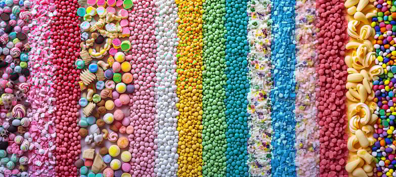 AI generated candy collage  colorful assortment of sweets divided by white vertical lines in bright white light photo