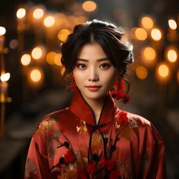 AI generated Beautiful Short Haired Asian Woman in Traditional Dress with Blurred Lantern Background. Asian Women Celebrate the Lunar New Year Festival. Generative Ai photo
