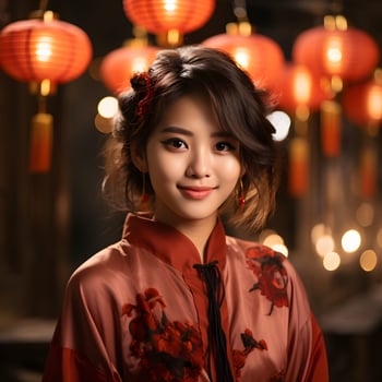 AI generated Beautiful Short Haired Asian Woman in Traditional Dress with Blurred Lantern Background. Asian Women Celebrate the Lunar New Year Festival. Generative Ai photo